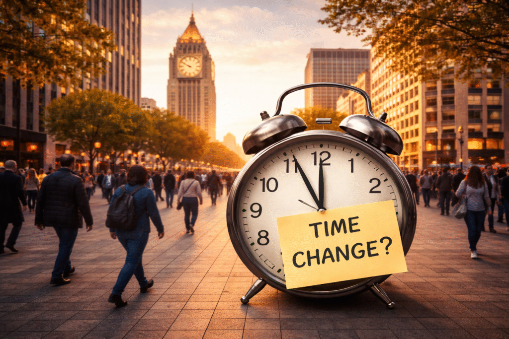 Clock tower in a city with people walking below, symbolizing time change debates and public impact.