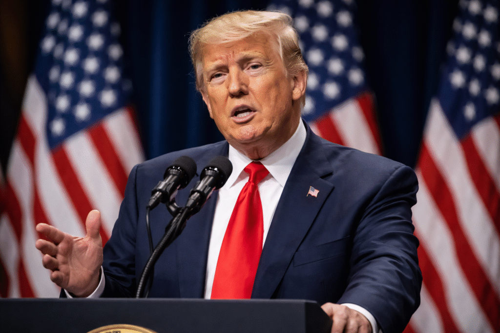 A realistic image of a political leader resembling a U.S. president speaking at a podium with American flags in the background during a formal address.