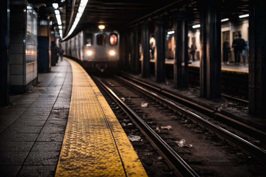 New York City subway platform and tracks viewed from platform level, illustrating a dangerous fall risk near the edge.