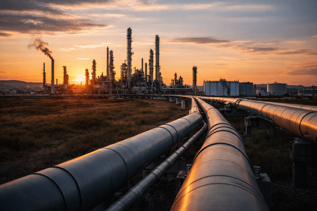 Large oil pipeline and refinery infrastructure in Europe, representing cross-border energy supply and transport.