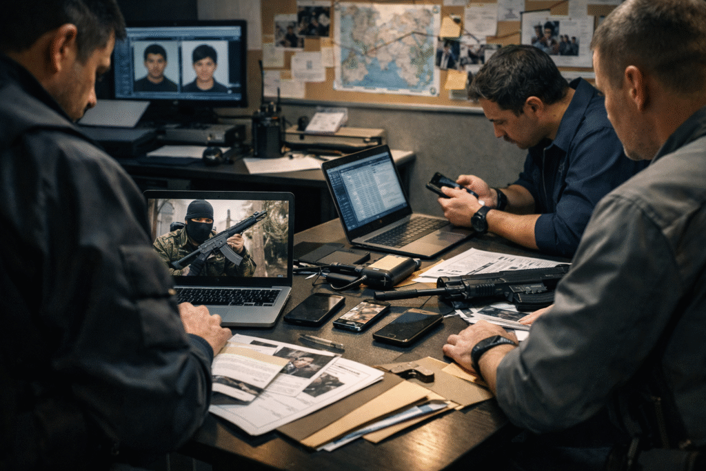 Law enforcement investigators reviewing digital evidence and documents during a counterterrorism investigation inside a police intelligence unit.