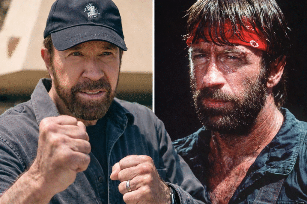 Two side-by-side images of a rugged, bearded man: on the left, he stands outdoors in a fighting stance wearing a cap and casual shirt; on the right, he appears sweaty and intense with a red headband, set against a darker background.