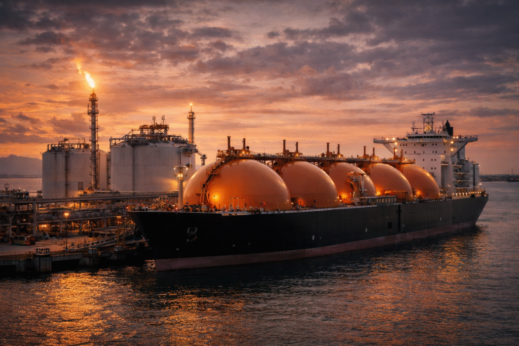 Large liquefied natural gas tanker docked at an industrial export terminal with storage tanks and loading equipment.