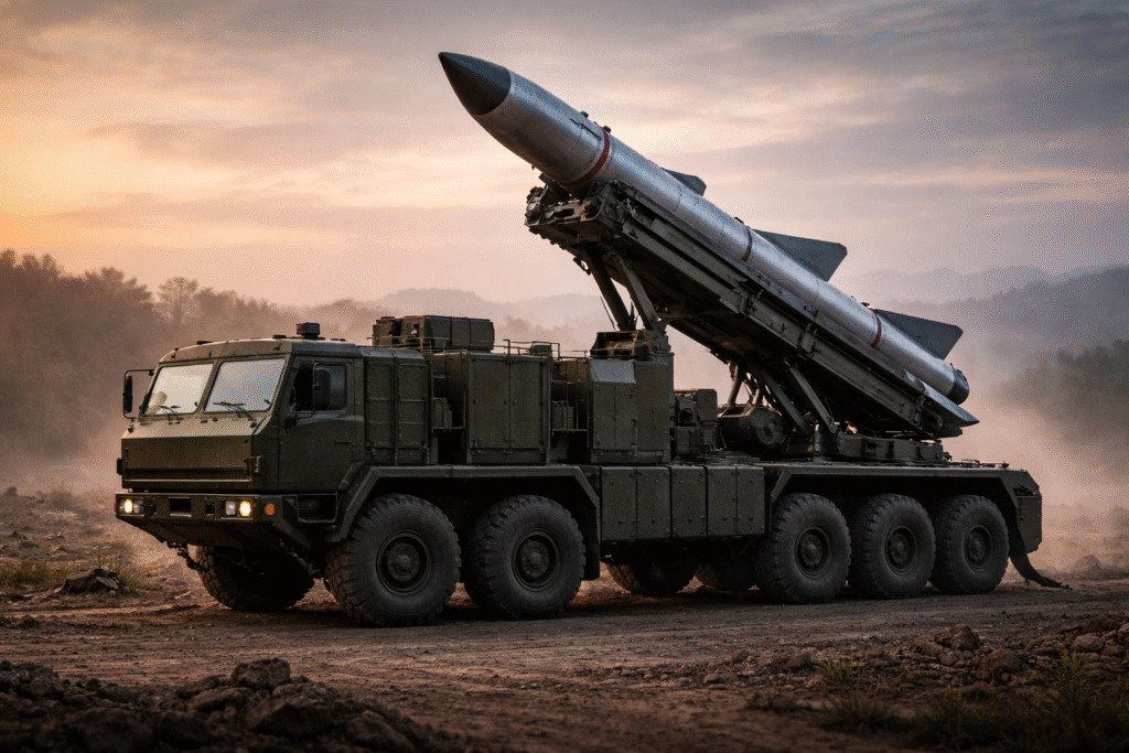 Mobile missile launcher with a supersonic cruise missile positioned on rugged terrain at dawn, representing military expansion and defense capability.