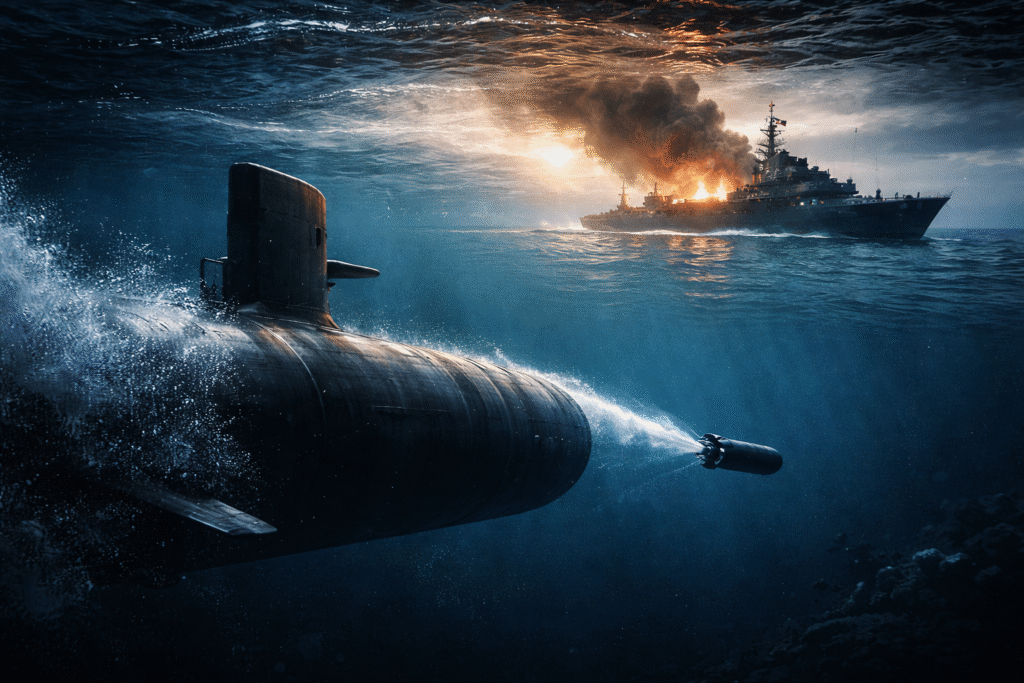 Underwater view of a military submarine launching a torpedo toward a warship on the ocean surface as smoke rises from an explosion in the distance.
