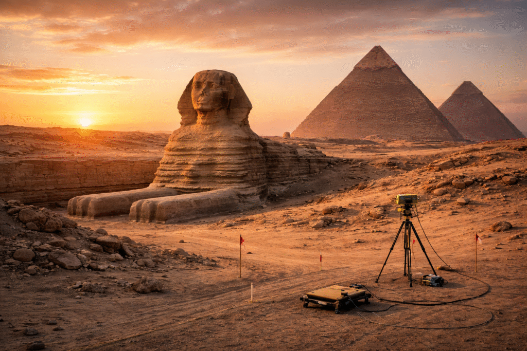 Great Sphinx and pyramids of Giza at sunset with desert terrain and survey markers, symbolizing exploration of possible underground structures.