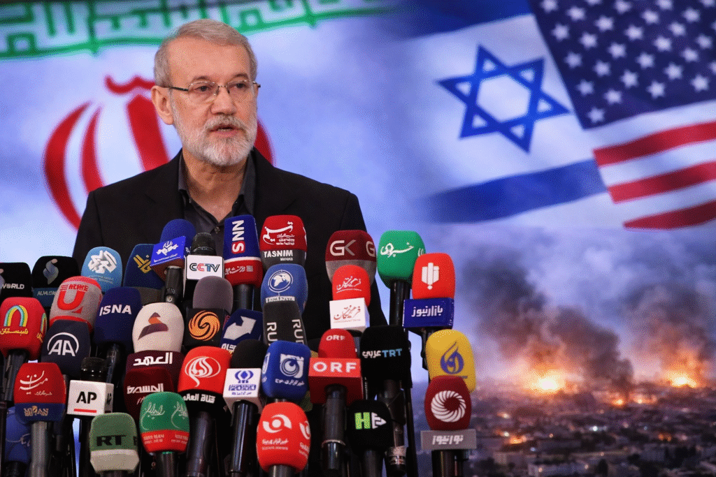 Iranian official speaking at a press conference with multiple microphones in front, with Iranian, Israeli, and US flags in the background and distant explosions symbolizing regional conflict.