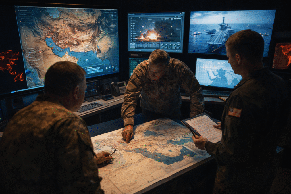 Military personnel reviewing maps and strategy in a command center, representing planning and potential wind-down of operations in the Middle East.