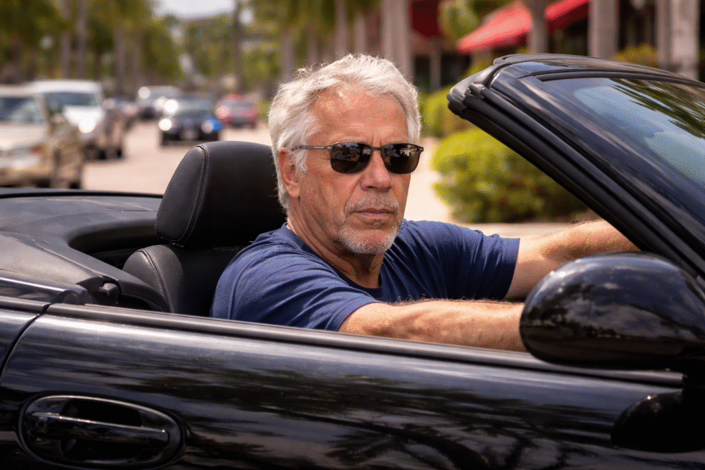 Man resembling Jeffrey Epstein driving a convertible on a Florida street, captured in a candid moment that sparked viral speculation online.