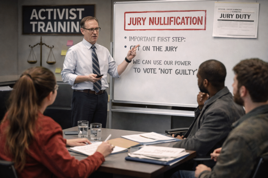 Realistic photo of a small classroom-style meeting where an instructor leads a discussion with several attendees seated around a table, representing activist training related to jury participation and legal processes.