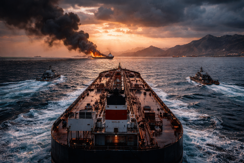 Oil tanker traveling through the Strait of Hormuz under tense maritime conditions, symbolizing the strategic energy corridor affected by the Iran conflict.