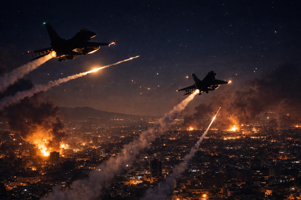 Military aircraft conducting nighttime operations over a Middle Eastern city during an active conflict.