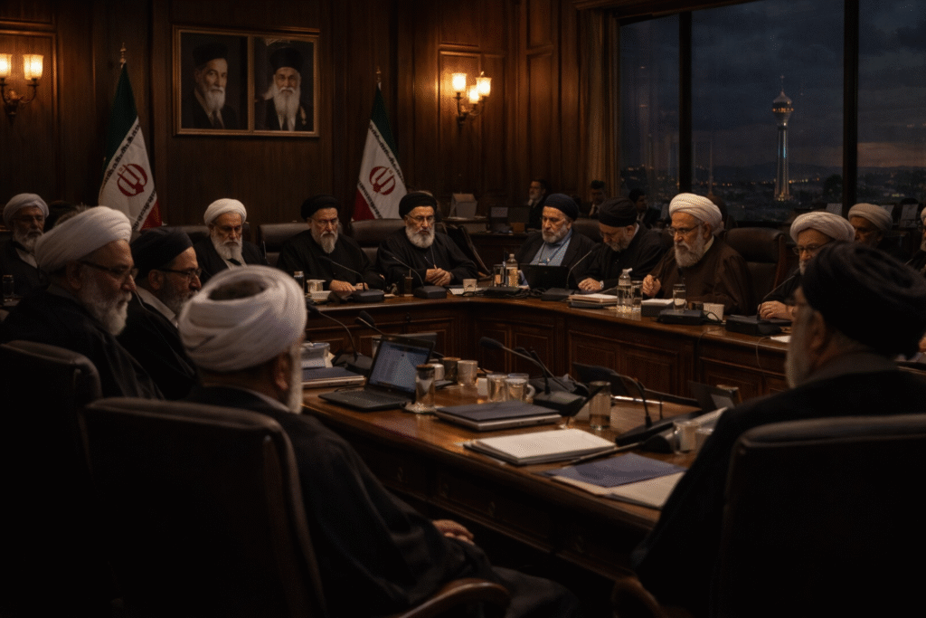 Iranian clerics and officials gathered in a formal council chamber in Tehran during a leadership meeting.