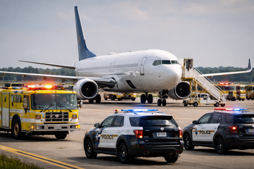 Commercial airplane on airport tarmac surrounded by emergency vehicles, representing diverted flights and law enforcement response.