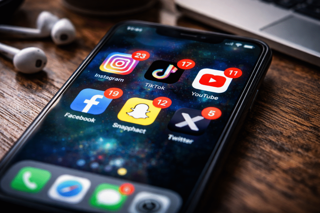 Smartphone displaying social media apps with glowing notifications, symbolizing addictive platform design and digital overuse.