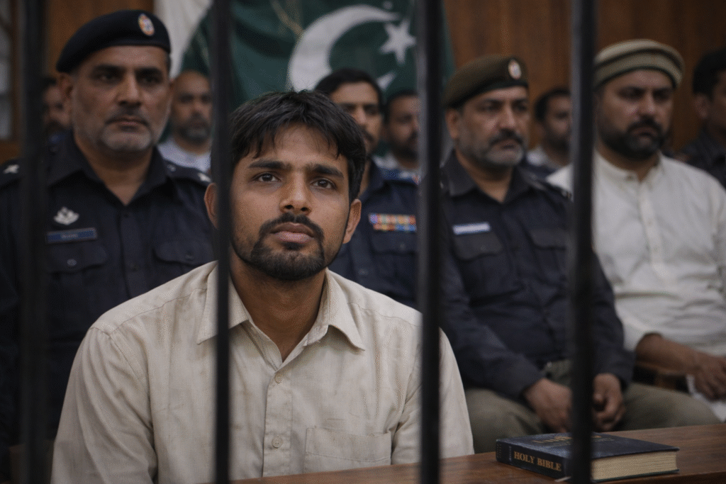 Pakistani Christian man seated behind metal bars in a courtroom, looking forward with a concerned expression, with police officers and a national flag visible in the background.
