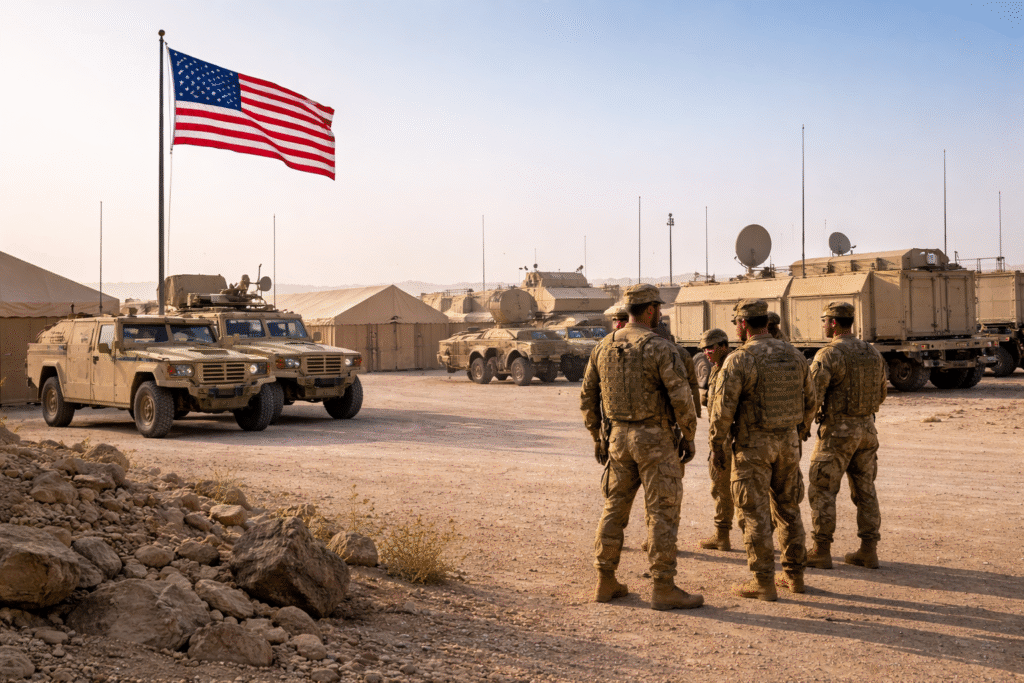 U.S. soldiers and military vehicles at a desert base in Kuwait with an American flag flying above the installation.