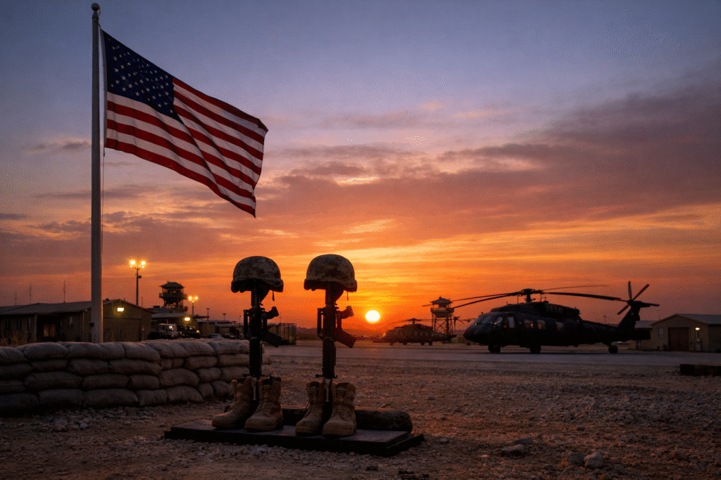 U.S. military base with American flag at sunset symbolizing remembrance for soldiers killed in a drone attack.