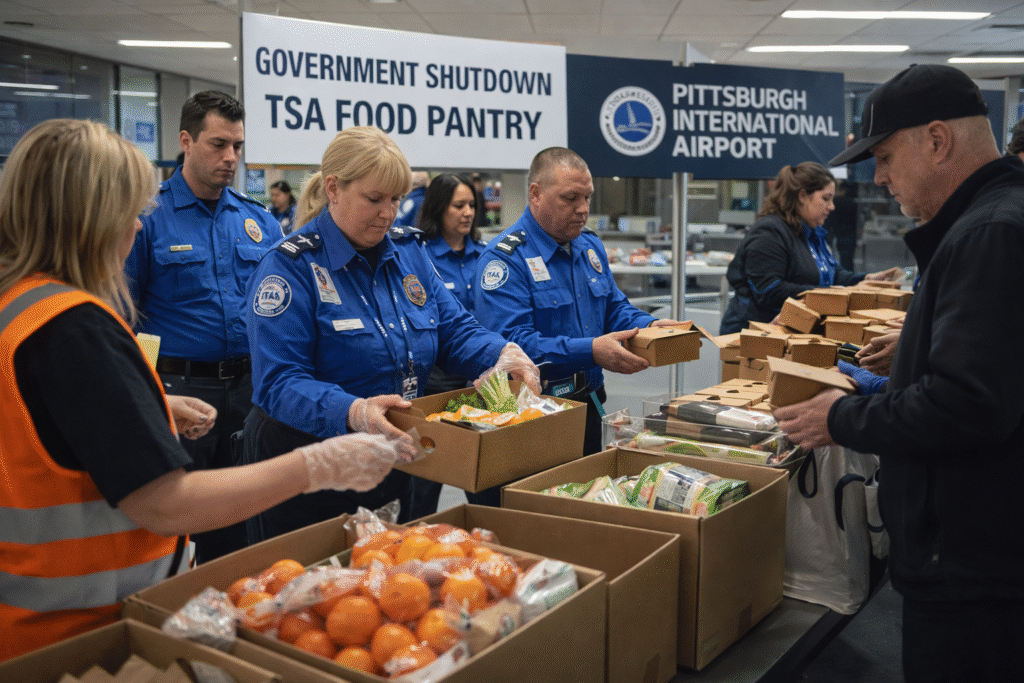 Airport staff distributing food supplies and meal boxes to workers in a designated indoor area during a government shutdown