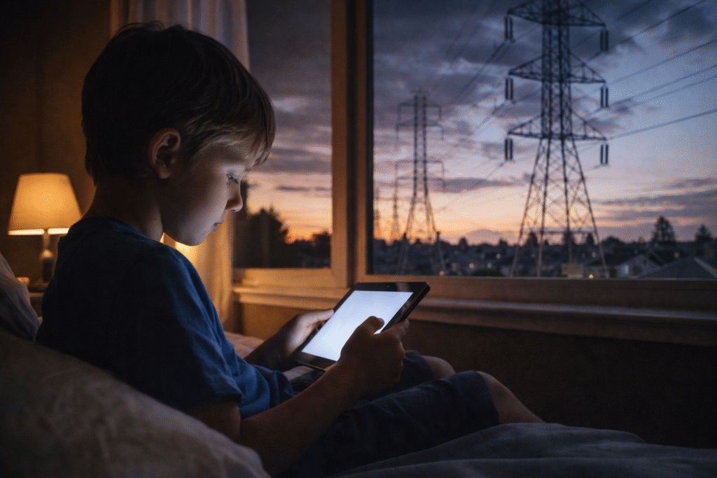Child using a tablet device while high-voltage power lines are visible in the background, representing concerns about electromagnetic radiation exposure.