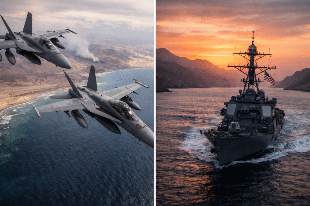 U.S. military aircraft and naval forces operating in the Middle East during a conflict involving Iran.