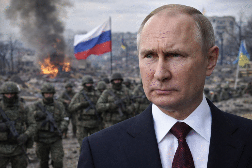President Putin in a suit standing before soldiers in a war-damaged urban setting with smoke, fire, and Russian and Ukrainian flags in the background