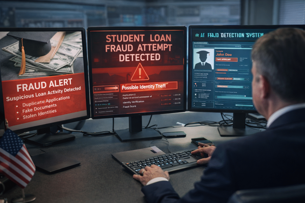 Government official reviewing digital data on multiple screens displaying alerts for suspicious student loan applications and fraud detection systems