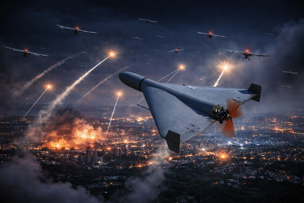 A military-style drone with a triangular wing design flies over a city at night, with multiple drones and air defense explosions visible in the sky below.