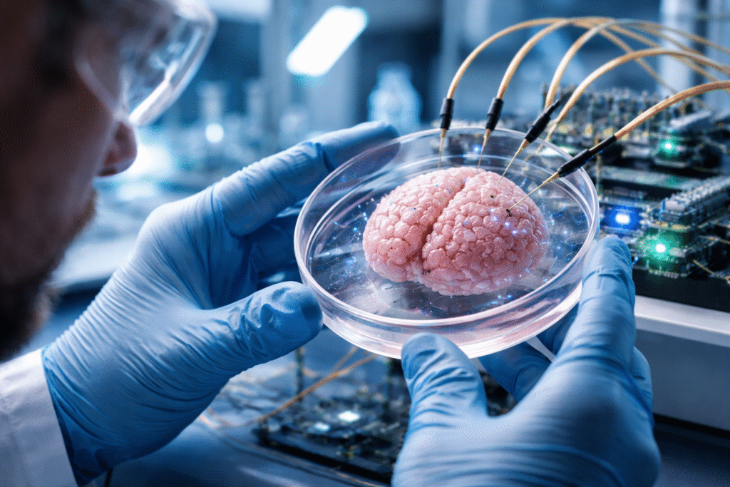 Scientist studying a lab-grown human brain organoid connected to electronic sensors in a neuroscience laboratory experiment.