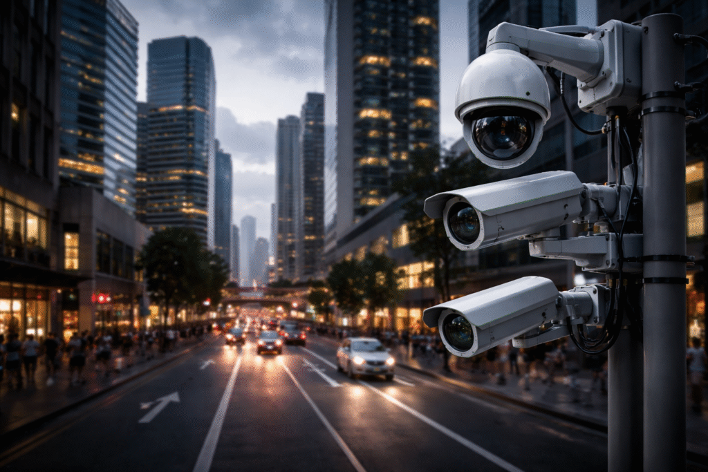Multiple CCTV cameras mounted on poles overlooking a city street, symbolizing their use in surveillance and modern military intelligence.