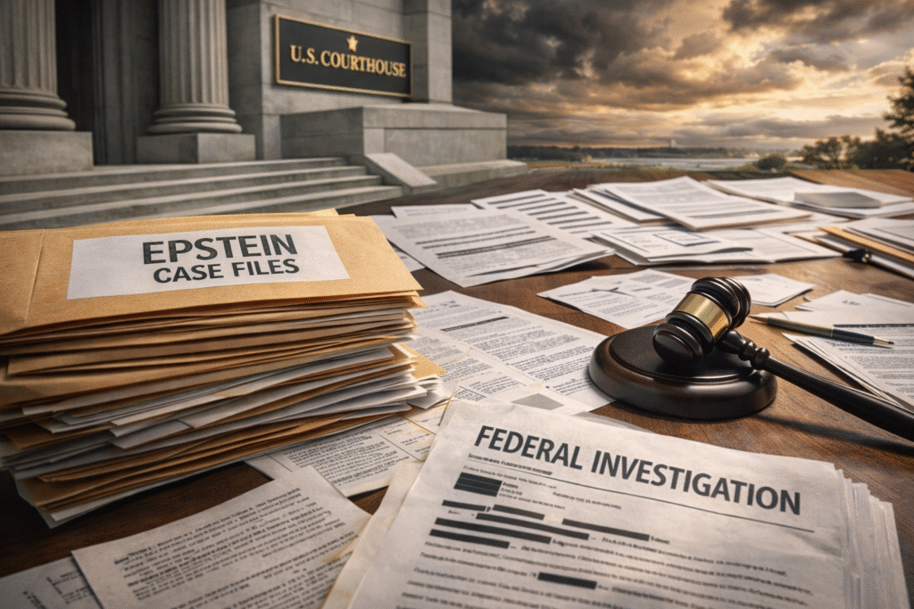 Realistic photo showing legal documents and courtroom materials symbolizing the ongoing investigation and controversy surrounding the Epstein case files.