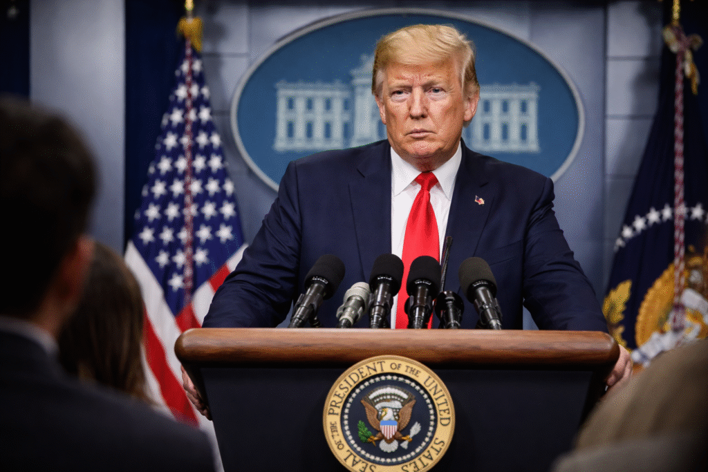 Donald Trump speaking at a press briefing with multiple microphones, addressing media amid ongoing Iran conflict discussions.