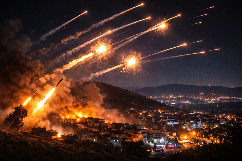 Realistic photo of rockets and air-defense interceptors streaking across the night sky during a large rocket barrage targeting northern Israel.