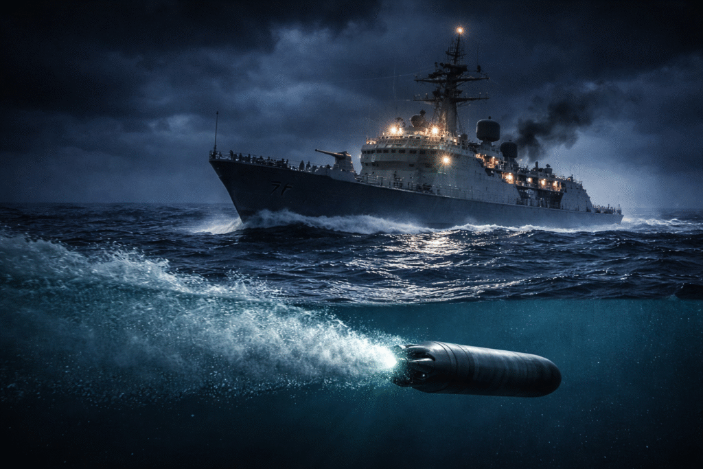Military warship at sea moments before a submarine torpedo strike during a naval combat operation.