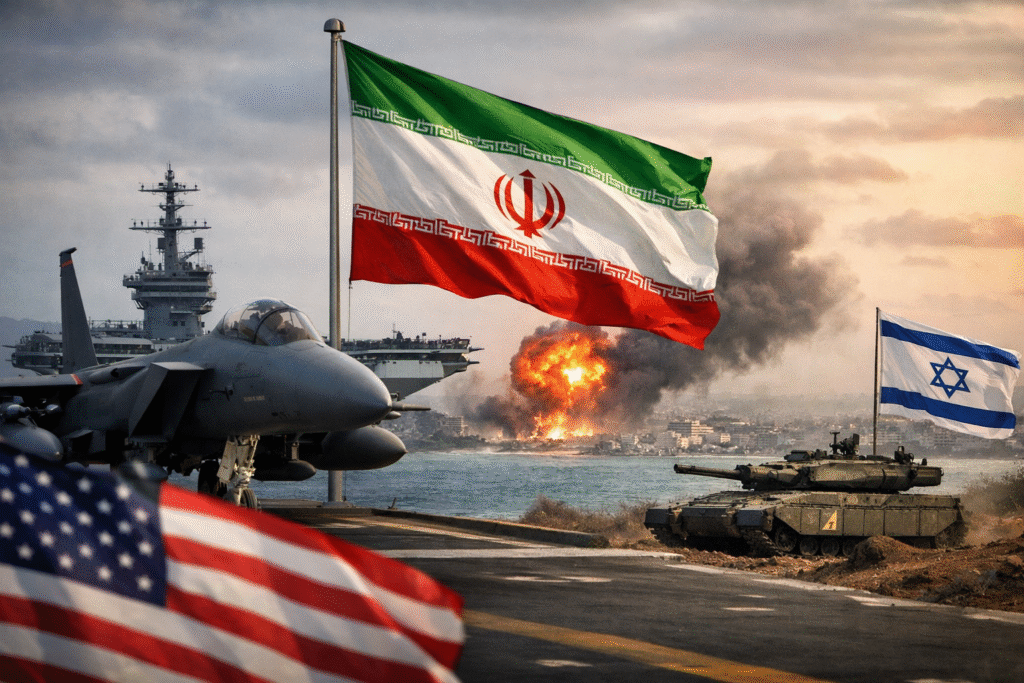 Military aircraft and naval forces positioned near a coastal city with explosions in the background, representing escalating tensions between the United States, Iran and Israel.