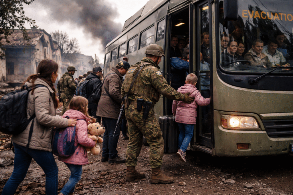 Families with children boarding evacuation transport while Ukrainian soldiers assist civilians leaving a frontline village during ongoing conflict.