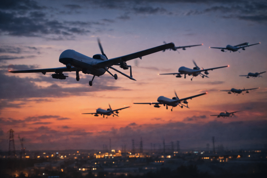 Realistic photo of military drones flying in formation, representing escalating drone warfare and long-range UAV strikes in modern conflict.