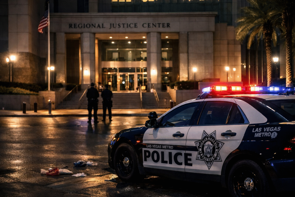 Exterior of a Las Vegas courthouse and police presence at night, representing a legal dispute involving detention and public safety decisions.