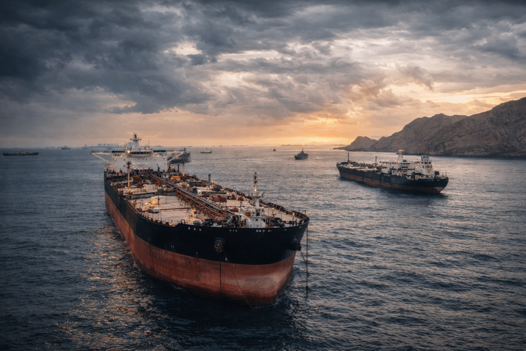 Large crude oil tankers anchored near a narrow maritime passage during an energy shipping disruption.