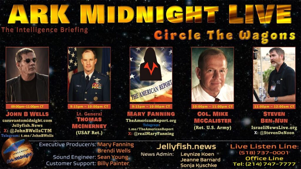The image shows a promotional graphic for Ark Midnight Live, titled "Circle the Wagons: The Intelligence Briefing." It features host John B. Wells on the left, wearing sunglasses, and three guests: Lt. Gen. Thomas McInerney, Mary Fanning (represented by The American Report logo), and Col. Mike McAllister, as well as Steven Ben-Nun. Each guest’s time slot is listed