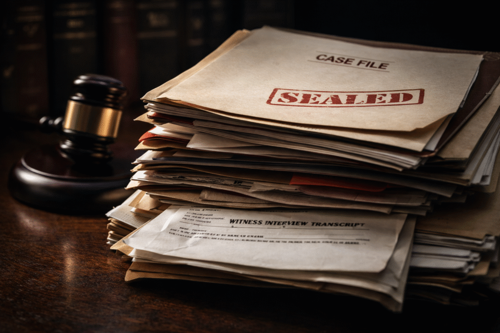 Stack of legal case files and documents on a desk symbolizing investigation and allegations connected to the Epstein case.