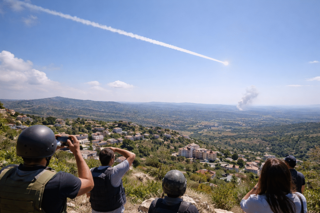 A visible missile trail streaking across the daytime sky above a distant landscape, illustrating an incoming aerial strike.