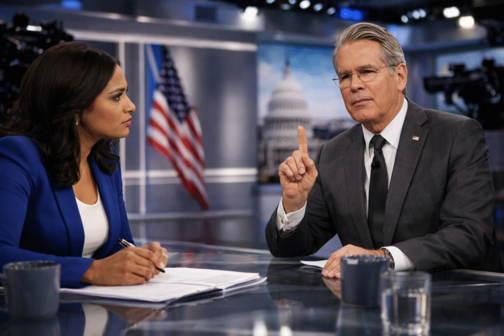 Television interview scene with a female news anchor in a blue blazer speaking across a desk to an older man in a gray suit gesturing with one finger raised, with an American flag and studio backdrop behind them