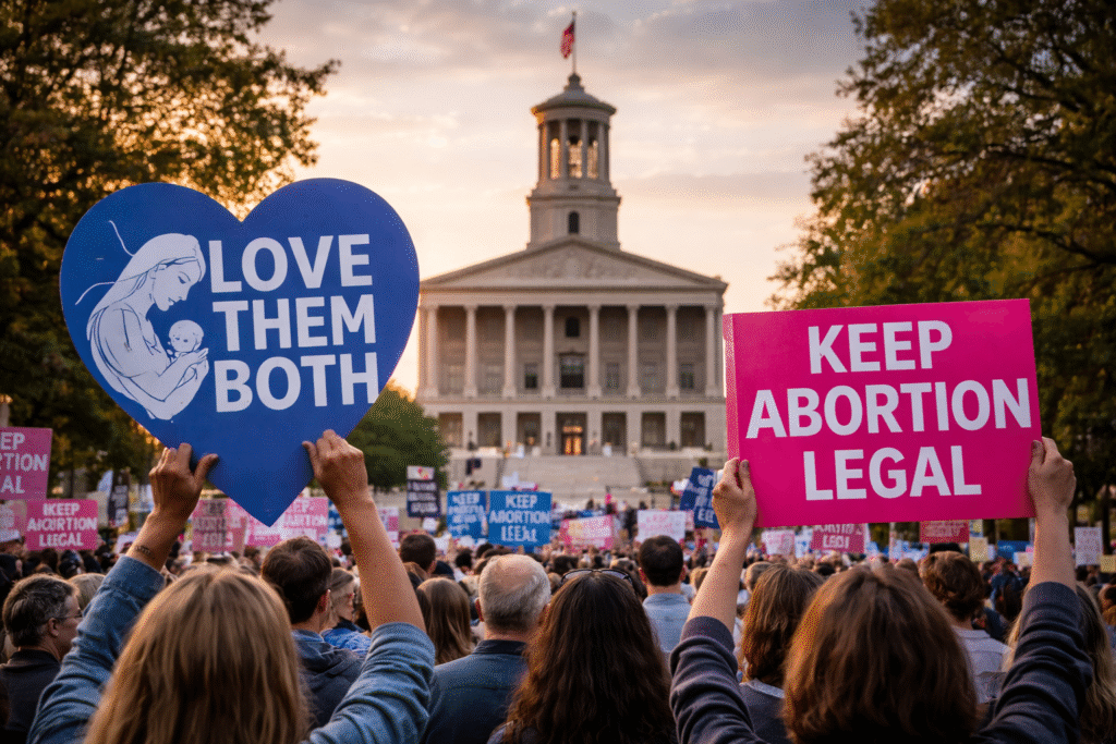Crowd of protesters gathered outside the Tennessee State Capitol holding opposing abortion protest signs during a public demonstration.