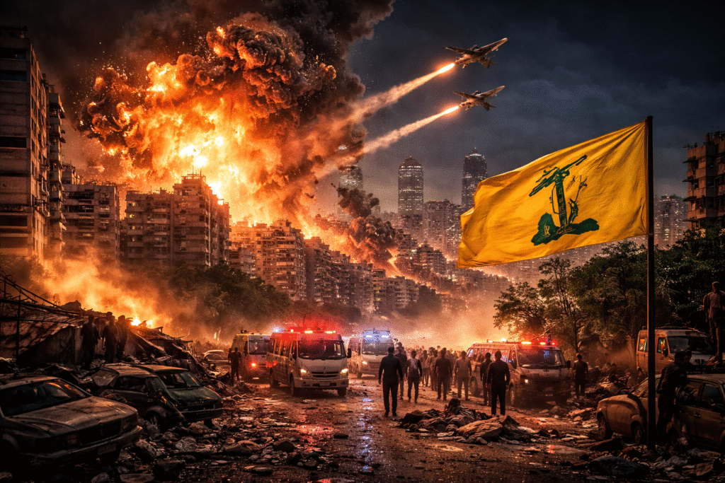 Nighttime scene of explosions and heavy smoke rising over Beirut’s skyline as emergency vehicles respond on a debris-filled street, with fighter jets overhead and a yellow flag in the foreground during Israeli airstrikes.