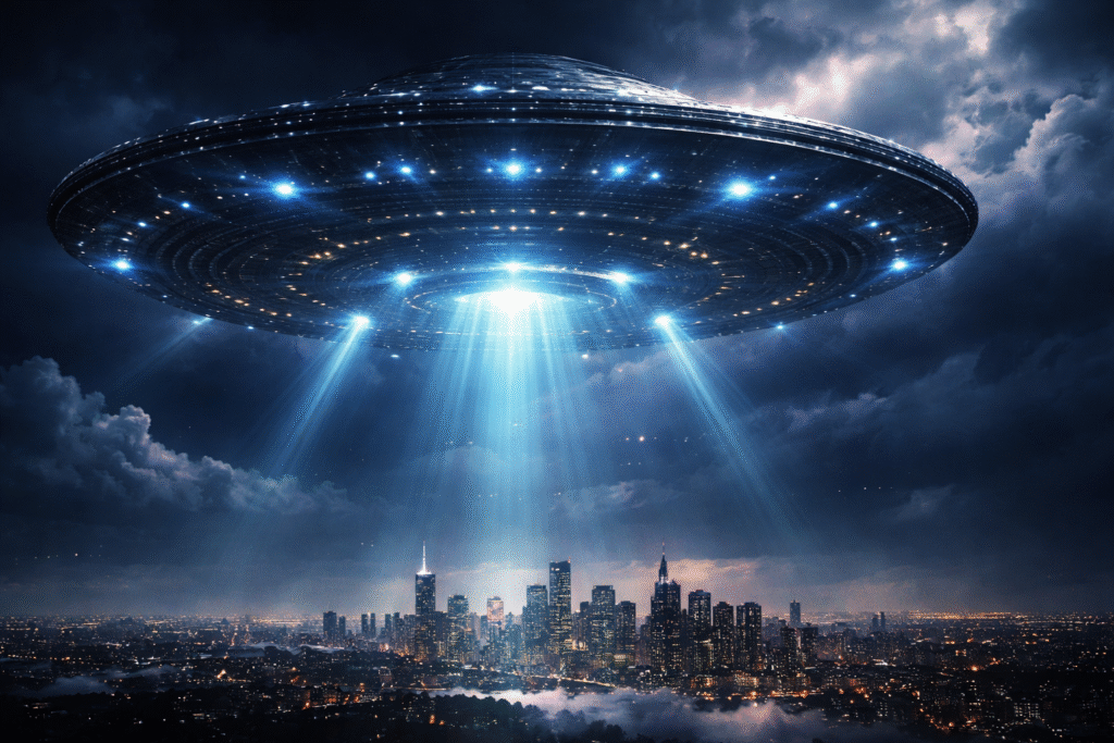 Large glowing disc-shaped UFO hovering above a city skyline at night, with bright beams of light shining downward through clouds.