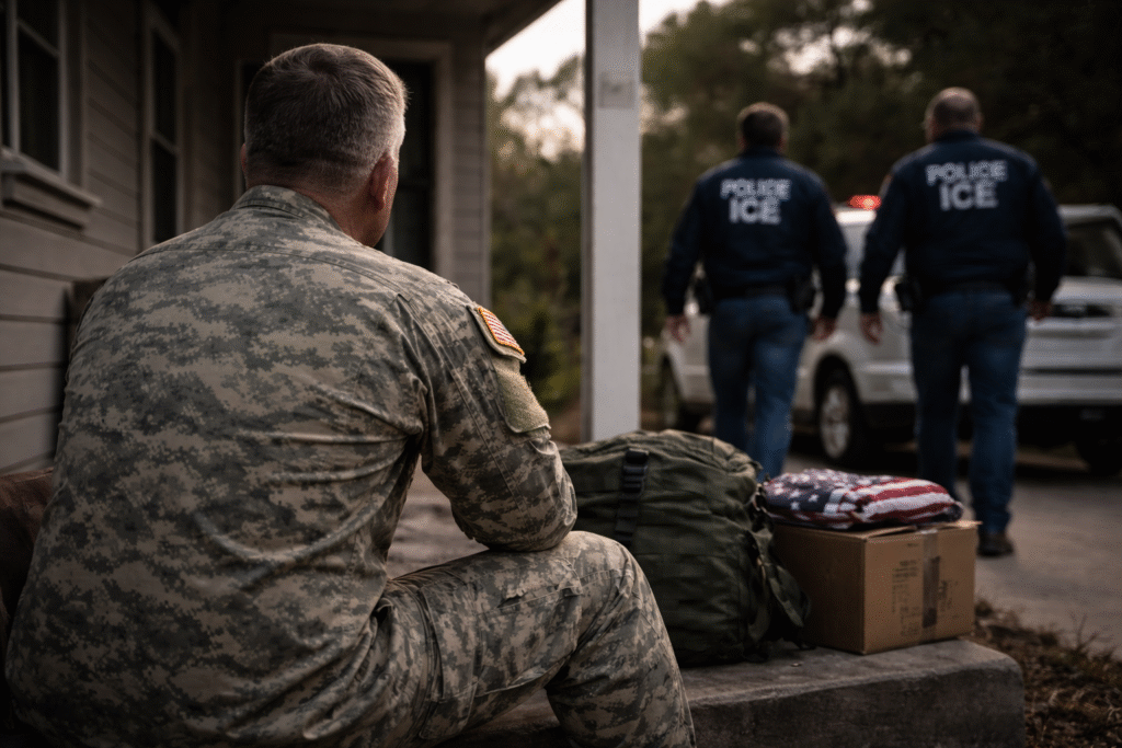 Rear view of a U.S. Marine veteran seated on a porch beside a packed duffel bag and folded American flag as federal officers walk toward a government vehicle in the driveway.