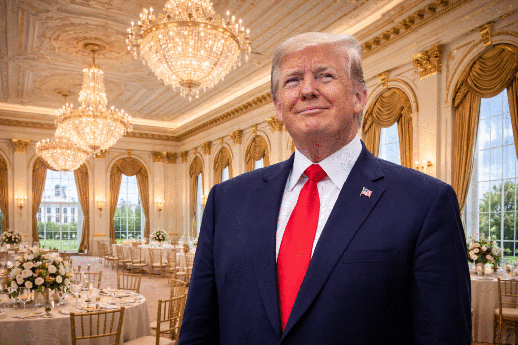 President Donald Trump standing inside a grand ballroom with chandeliers, gold decor, and banquet tables, representing a proposed White House ballroom setting.