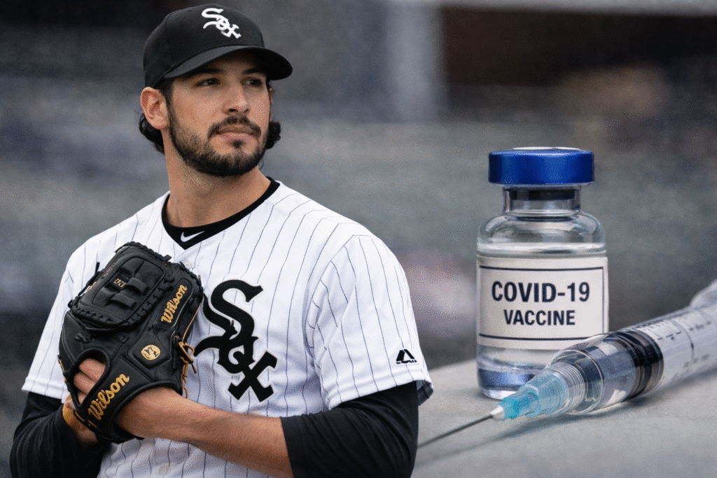 Isaiah Carranza in a Chicago White Sox uniform holding a glove on a baseball field, with a COVID-19 vaccine vial and syringe displayed in the foreground.