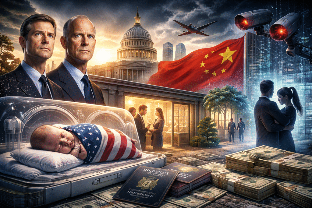 Newborn wrapped in an American flag inside a hospital bassinet, with U.S. Capitol, Chinese flag, security cameras, passports, and stacks of cash in the background representing surrogacy and national security concerns.